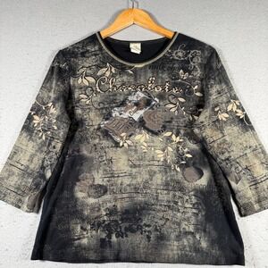 Jess & Jane Womens Chocolate Bar Graphic 3/4 Sleeve Cotton Top Black Small USA